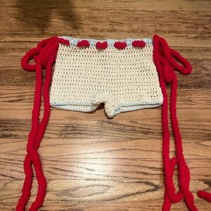 Crochet Cream Shorts with Red Accent Ties